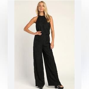 Lulus Lovely for Today Black Floral Burnout Mock Neck Jumpsuit